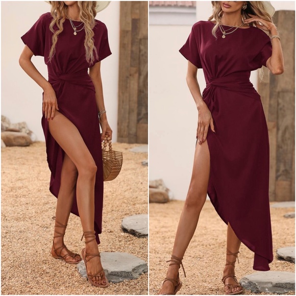 Boho Burgundy Twist Detail Split Leg Sexy Maxi Dress - Picture 2 of 7